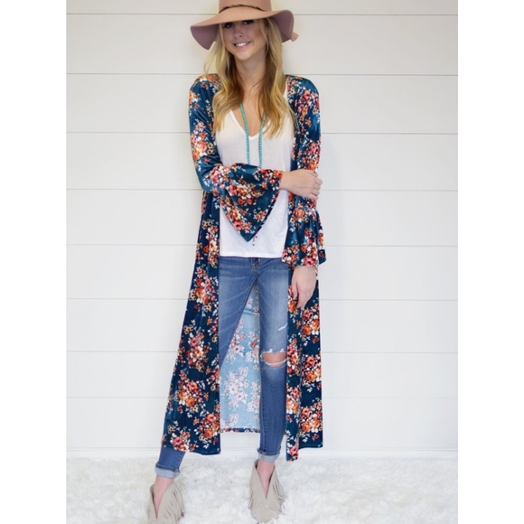 Sweaters - Floral Velvet Duster Cardigan